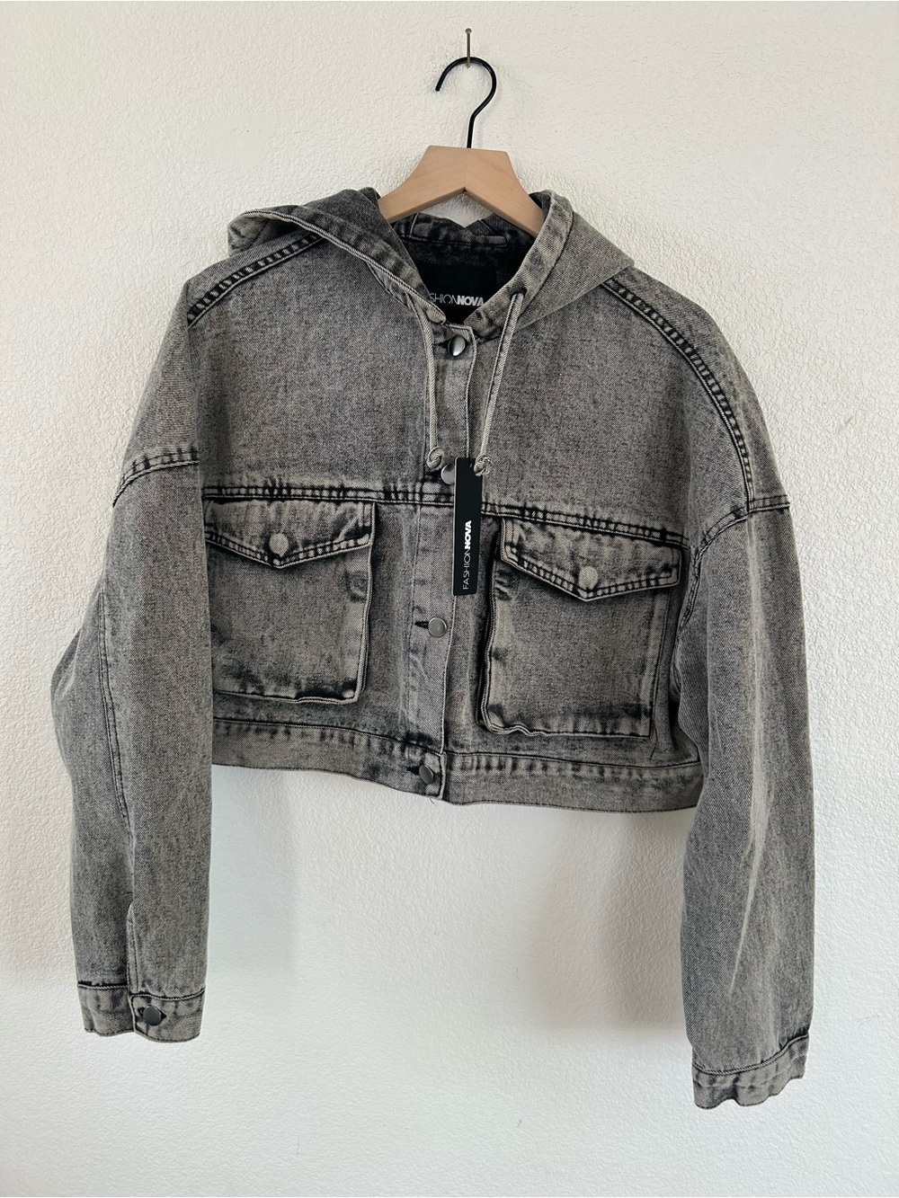 Fashion Nova Washed Gray Cropped Hooded Denim Jacket